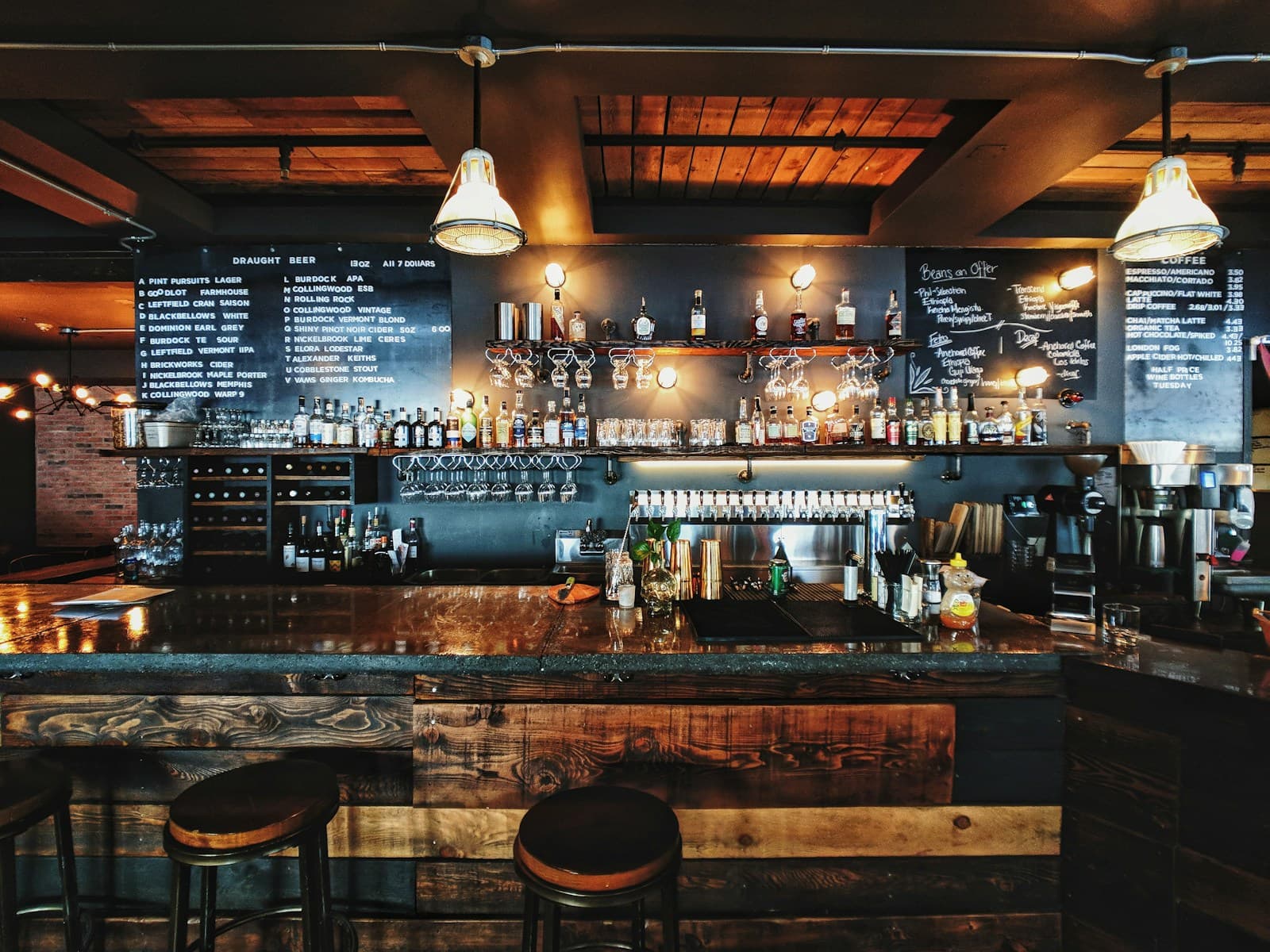 Dimly lit upscale cocktail lounge interior